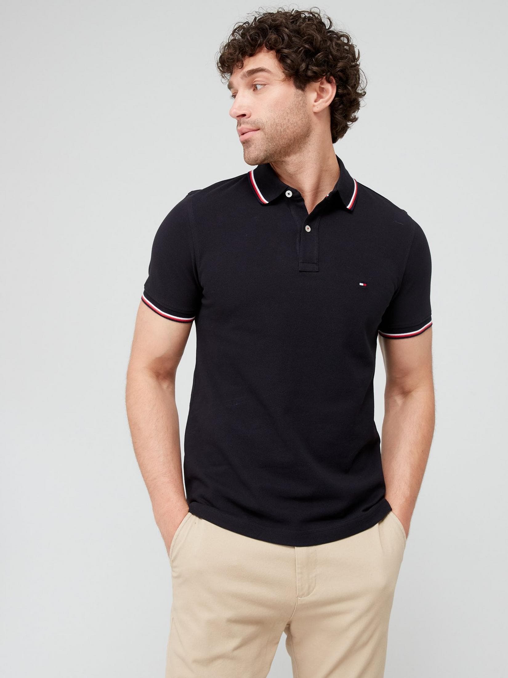 TOMMY HILFIGER | MENS POLO T-SHIRT | TIPPING ON COLLER & SELEEVES | EMBRAIDED LOGO ON CHEST | BLACK