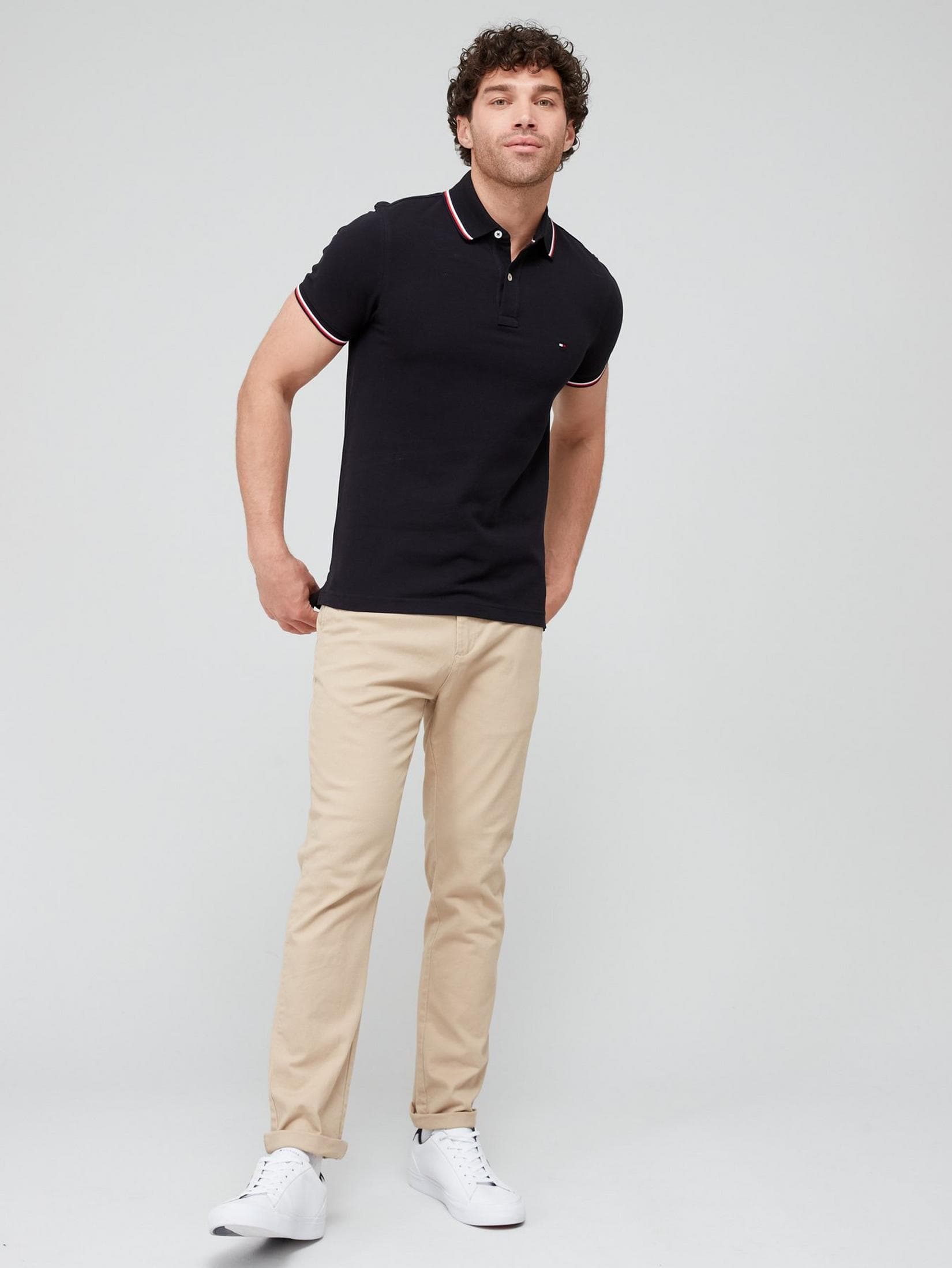 TOMMY HILFIGER | MENS POLO T-SHIRT | TIPPING ON COLLER & SELEEVES | EMBRAIDED LOGO ON CHEST | BLACK thumbnail 3