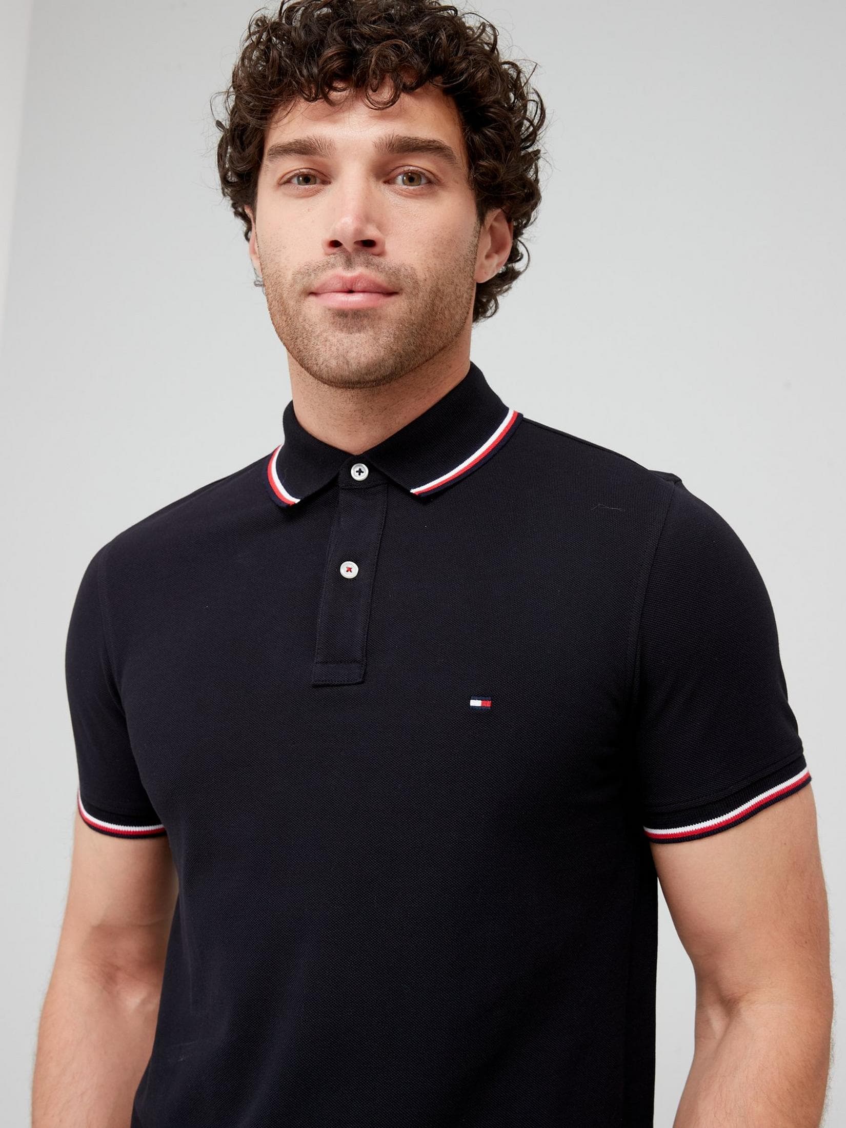 TOMMY HILFIGER | MENS POLO T-SHIRT | TIPPING ON COLLER & SELEEVES | EMBRAIDED LOGO ON CHEST | BLACK thumbnail 2