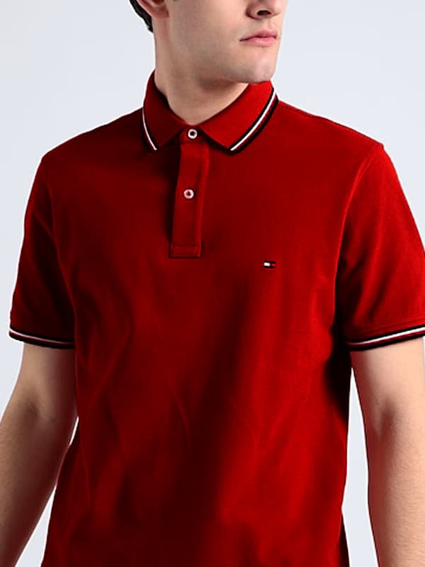 TOMMY HILFIGER | MENS POLO T-SHIRT | TIPPING ON COLLER & SELEEVES | EMBRAIDED LOGO ON CHEST | MAROON thumbnail 2
