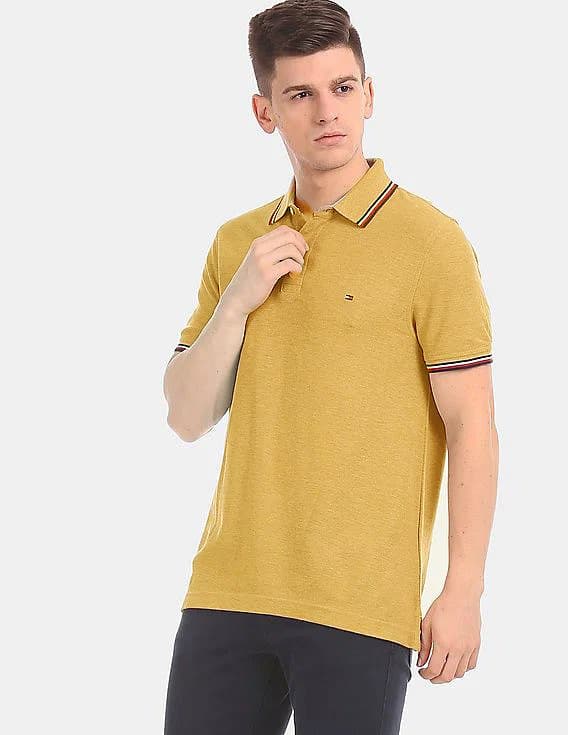 TOMMY HILFIGER | MENS POLO T-SHIRT | TIPPING ON COLLER & SELEEVES | EMBRAIDED LOGO ON CHEST | CAMEL BROWN