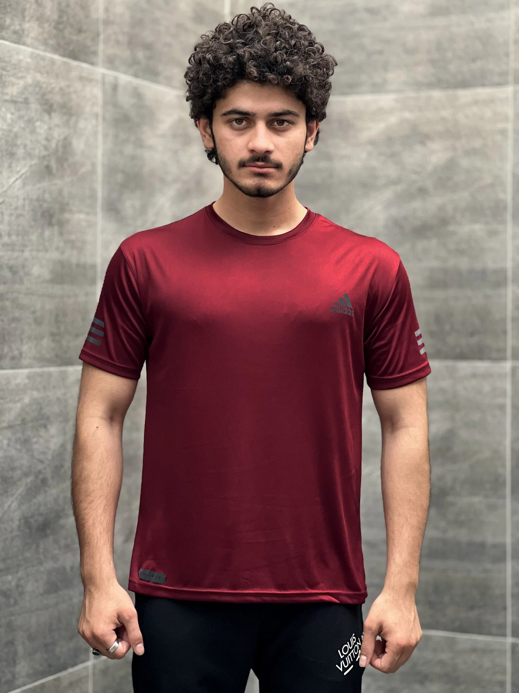 ADDIDAS | 100% IMPORTED DRY FIT T-SHIRT | RAINBOW LOGO SHINNY | SUPER STRECH | MAROON thumbnail 2