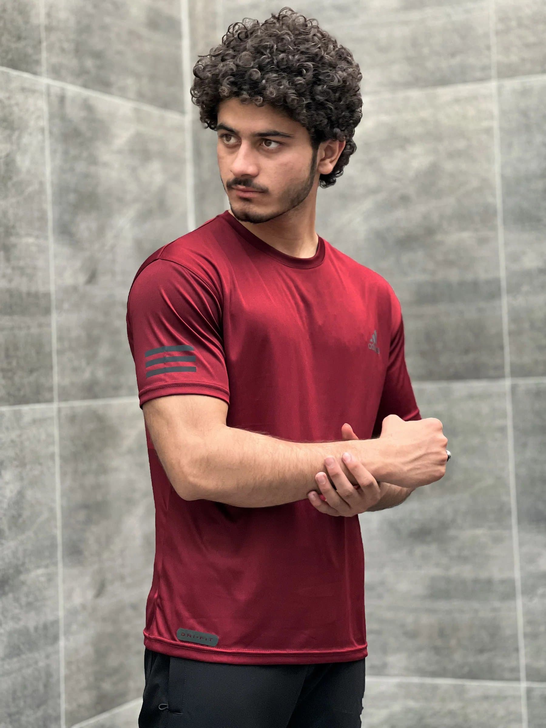 ADDIDAS | 100% IMPORTED DRY FIT T-SHIRT | RAINBOW LOGO SHINNY | SUPER STRECH | MAROON