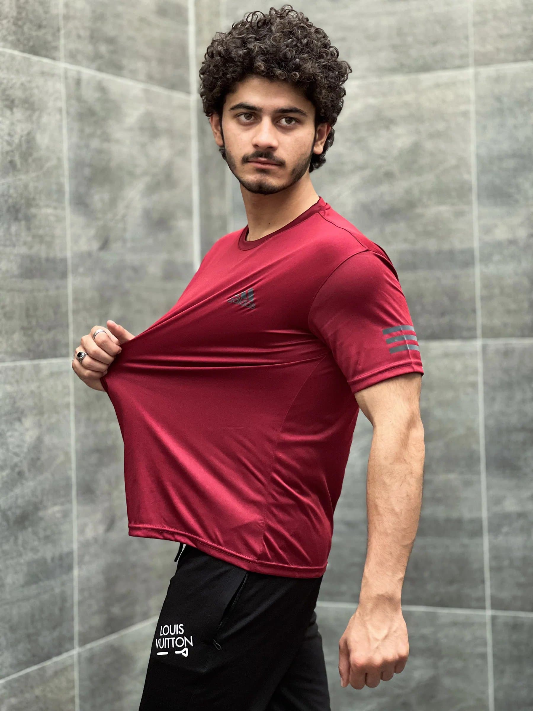 ADDIDAS | 100% IMPORTED DRY FIT T-SHIRT | RAINBOW LOGO SHINNY | SUPER STRECH | MAROON thumbnail 3