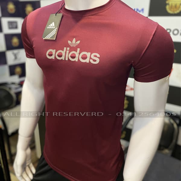ADIDAS | 100% IMPORTED DRY FIT T-SHIRT | REFLECTIVE SHINNY LOGO | SUPER POWER STRECH | MAROON