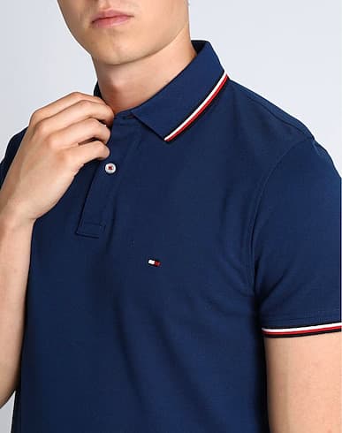 TOMMY HILFIGER | MENS POLO T-SHIRT | TIPPING ON COLLER & SELEEVES | EMBRAIDED LOGO ON CHEST | NAVY BLUE thumbnail 2