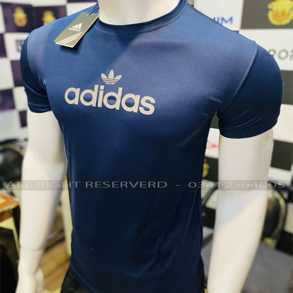 ADDIDAS | 100% IMPORTED DRY FIT T-SHIRT | REFLECTIVE SHINNY LOGO | SUPER POWER STRECH | NAVY BLUE