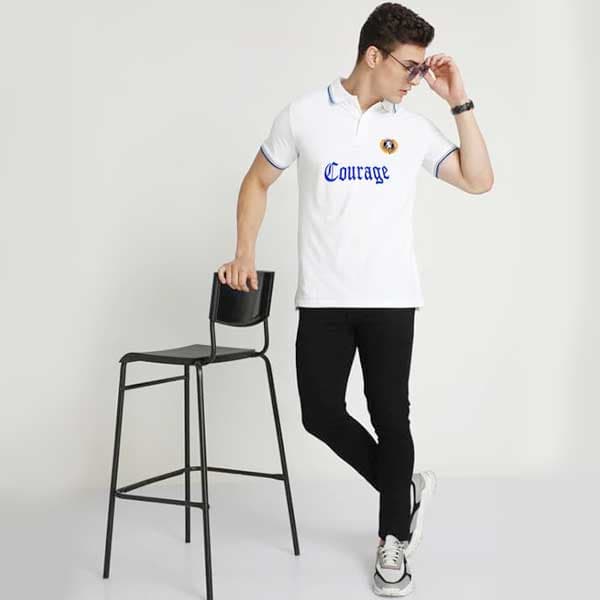 Courage | Premium Quality Men's Polo Shirt | Embroidered Badges | Imported Fabric | Tipping Style | White thumbnail 4