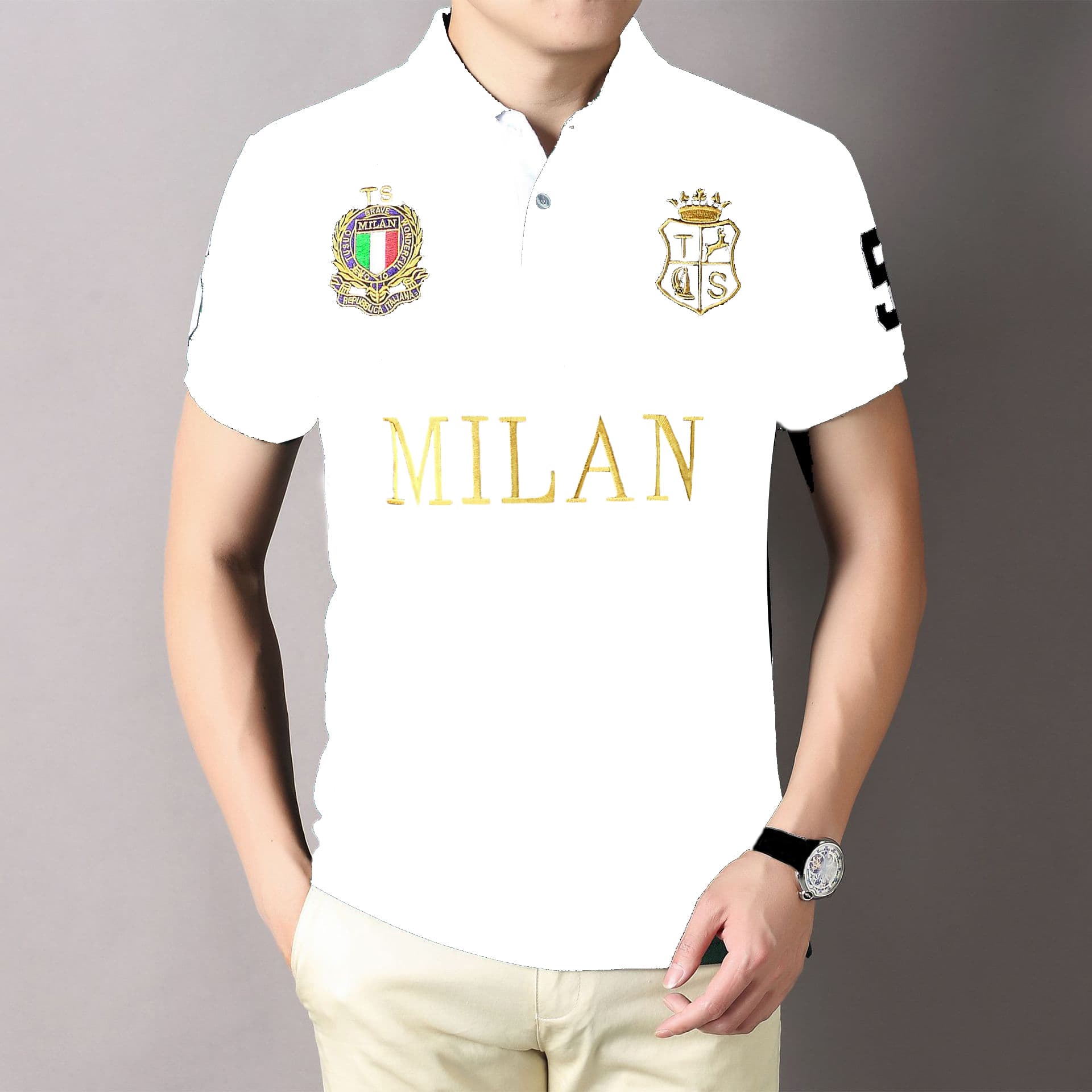 POLO | T SHIRT | EMBRAIDED MILAN & LOGOS | COTTON PK | USE FOR PARTY WEAR | WHITE