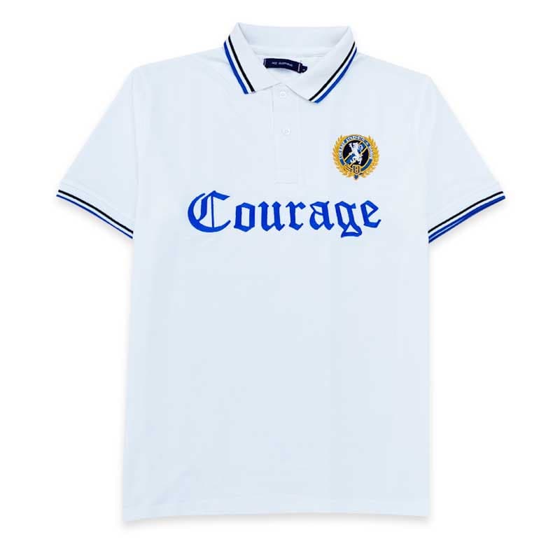 Courage | Premium Quality Men's Polo Shirt | Embroidered Badges | Imported Fabric | Tipping Style | White