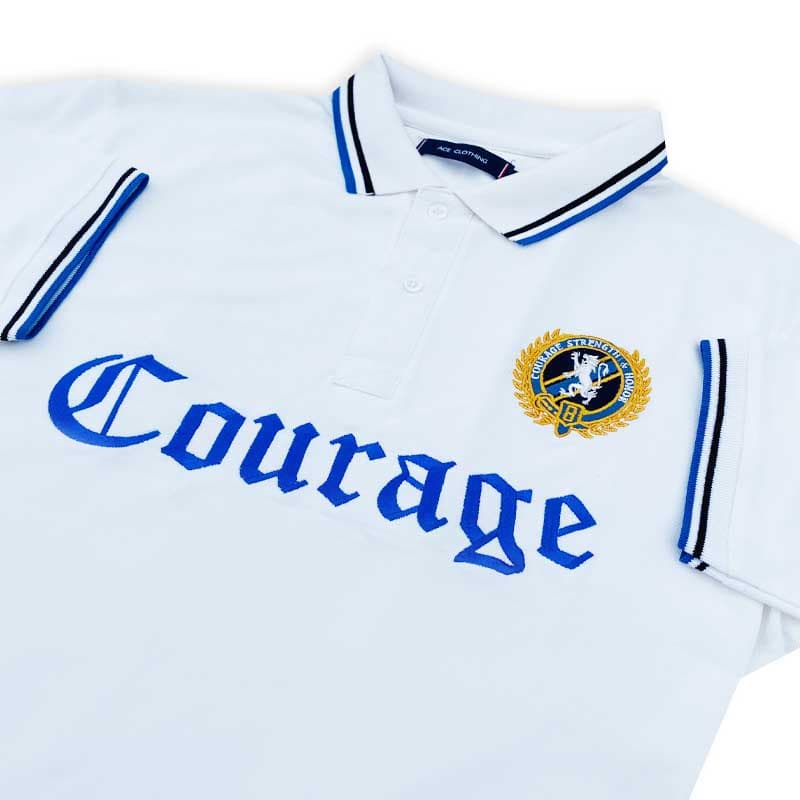 Courage | Premium Quality Men's Polo Shirt | Embroidered Badges | Imported Fabric | Tipping Style | White thumbnail 2