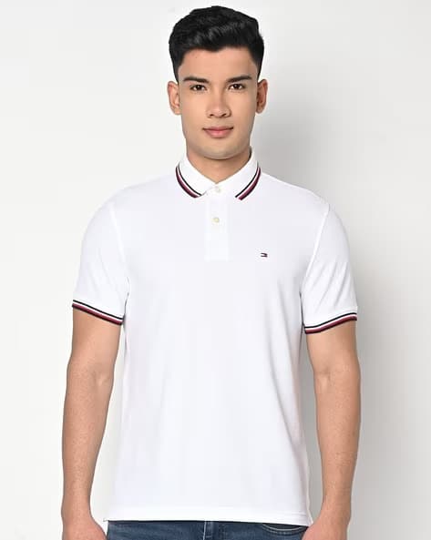 TOMMY HILFIGER | MENS POLO T-SHIRT | TIPPING ON COLLER & SELEEVES | EMBRAIDED LOGO ON CHEST | WHITE