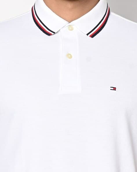 TOMMY HILFIGER | MENS POLO T-SHIRT | TIPPING ON COLLER & SELEEVES | EMBRAIDED LOGO ON CHEST | WHITE thumbnail 2