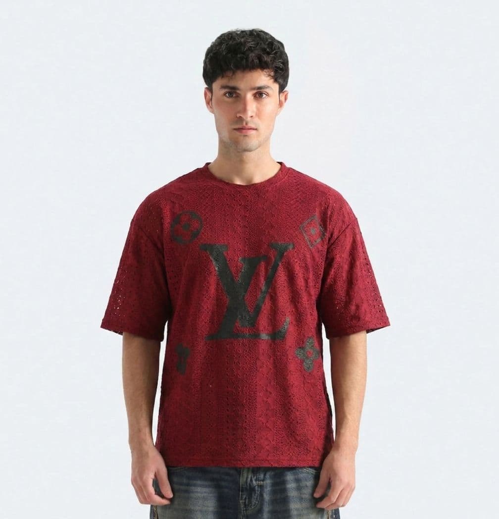 Men's LV Monogram Oversized Drop Shoulder T-Shirt – Deep Red Chicken Fabric