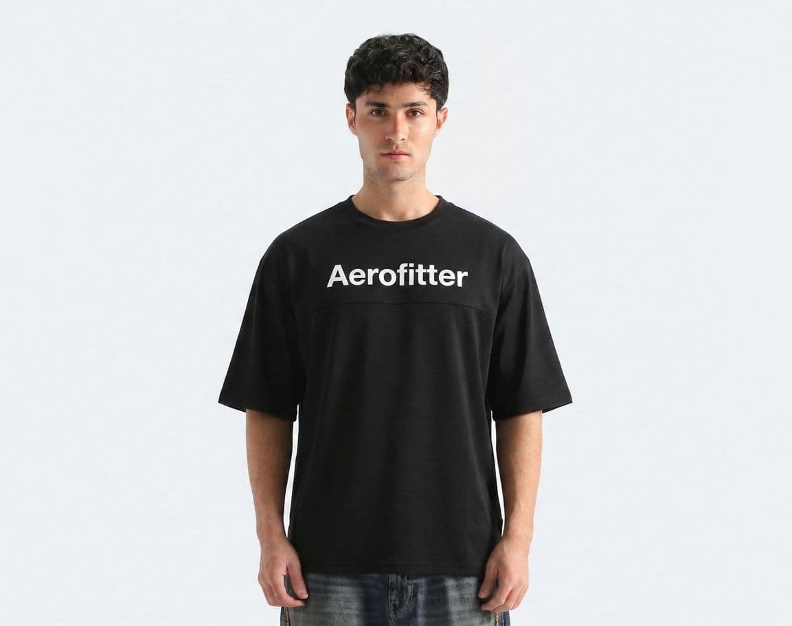Men's Black Drop Shoulder T-Shirt – Oversized Breathable Mesh Tee with Chest Print