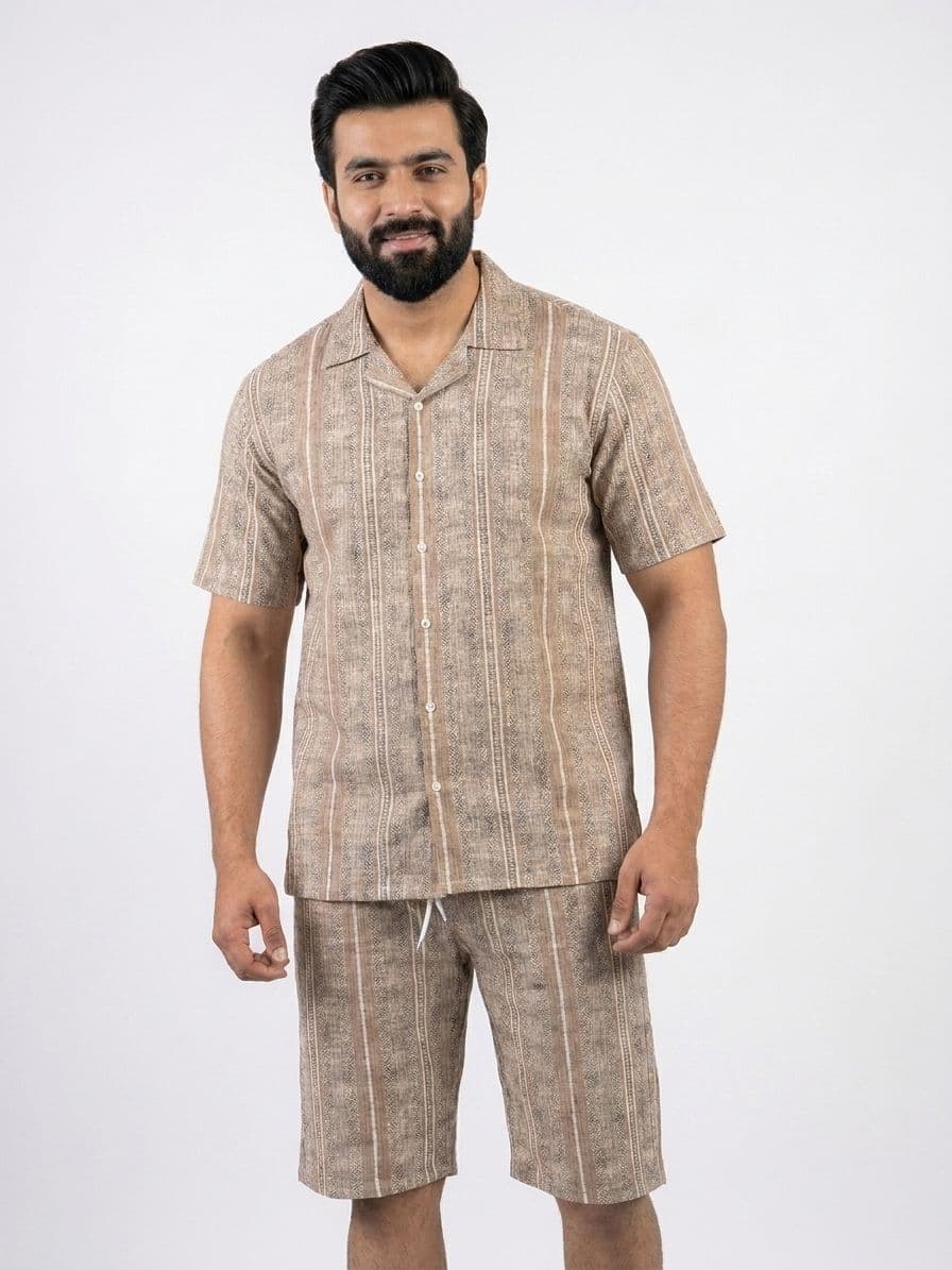 Men's Beige Striped 2-Piece Shirt & Shorts Co-Ord Set – Resort Wear Outfit