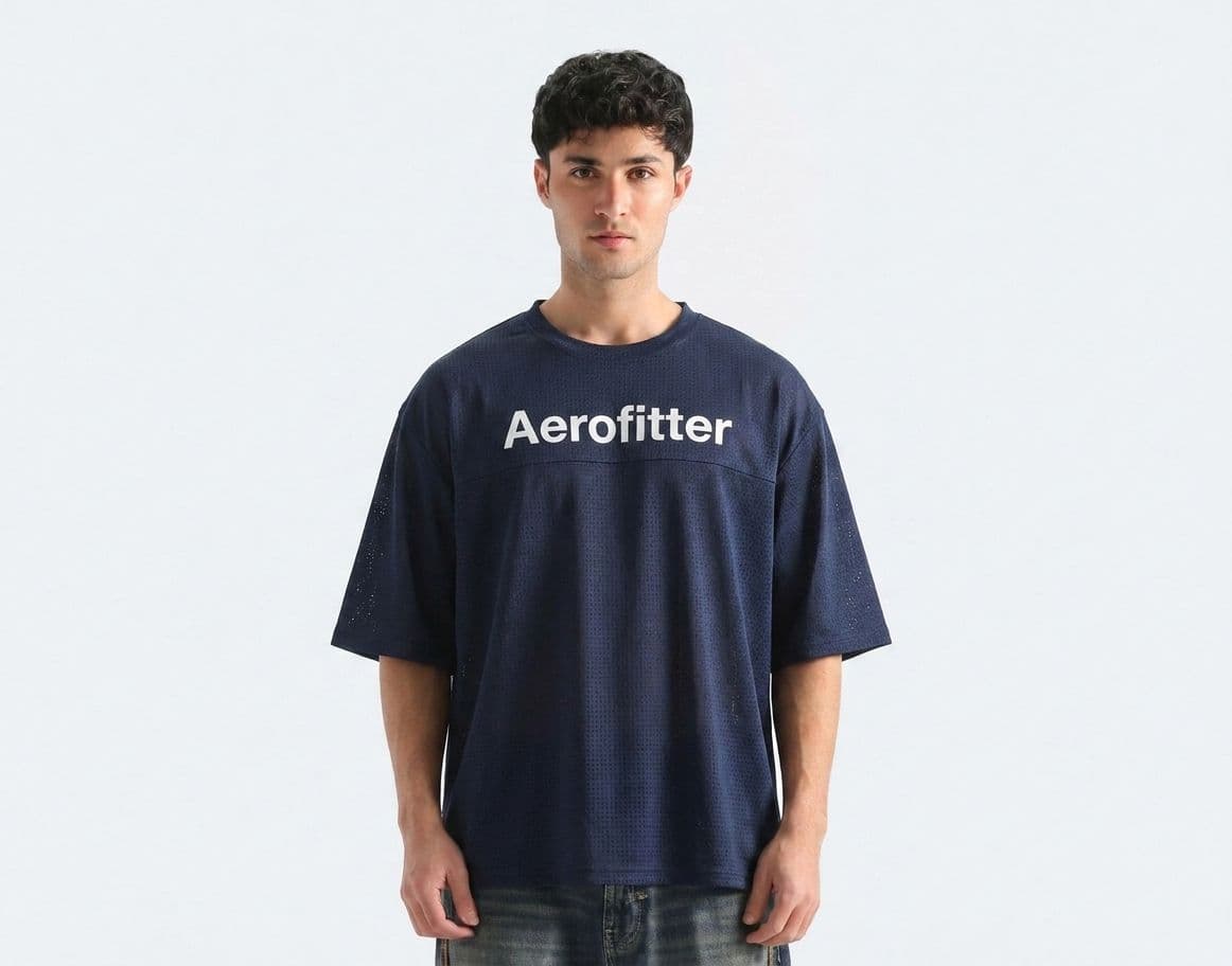 Men's Navy Blue Drop Shoulder T-Shirt – Oversized Breathable Mesh Tee with Chest Print