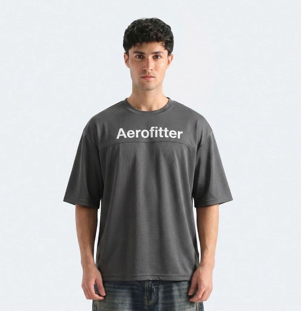 Men's Charcoal Grey Drop Shoulder T-Shirt – Oversized Breathable Mesh Tee with Chest Print