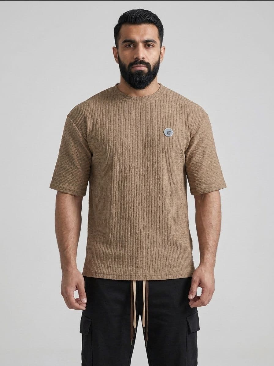 Men's Camel Brown Popcorn Textured Drop Shoulder T-Shirt – Imported Wrinkle-Free Oversized Tee