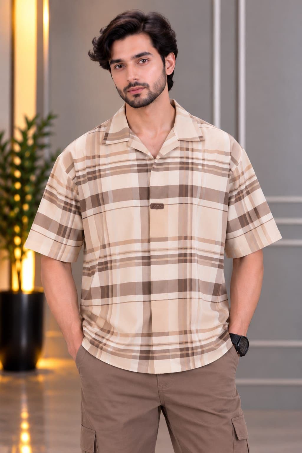 Soft cotton boxy safari check shirt - BROWN