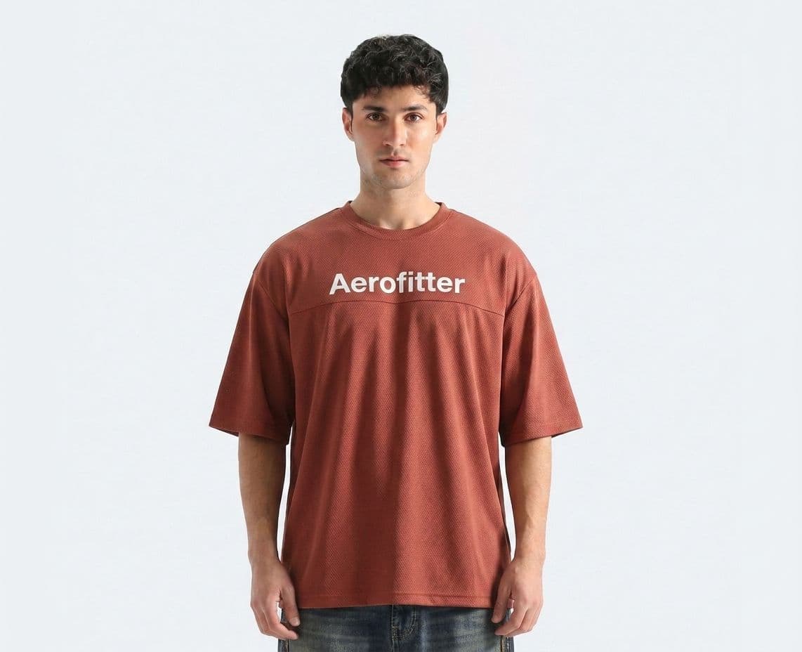 Men's Rust Brown Drop Shoulder T-Shirt – Oversized Breathable Mesh Tee with Chest Print