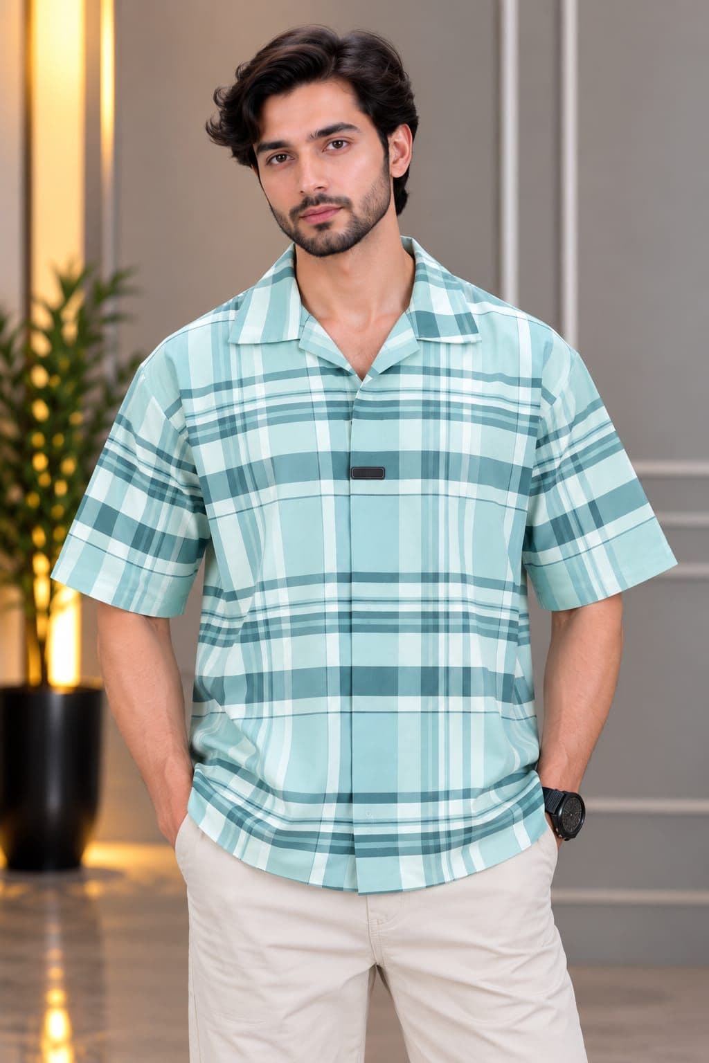 Soft cotton boxy safari check shirt - BLUE