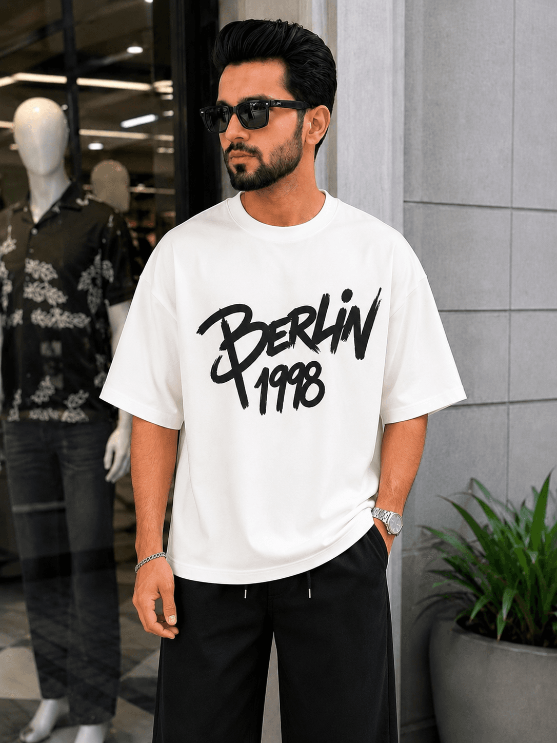 Men's Off-White Drop Shoulder Graphic T-Shirt – Berlin 1998 Oversized Tee