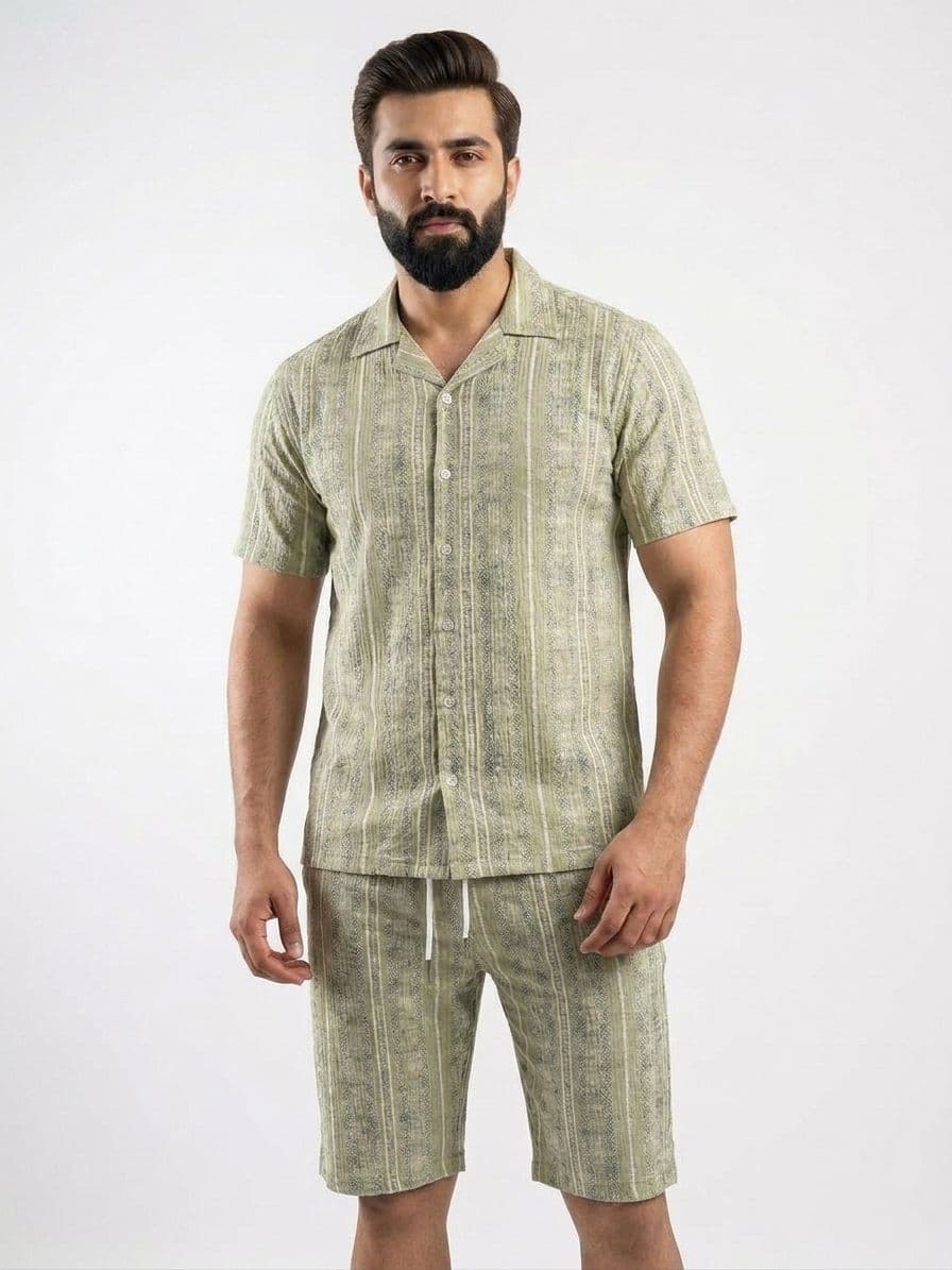 Men's Sage Green Striped 2-Piece Shirt & Shorts Co-Ord Set – Resort Wear Outfit
