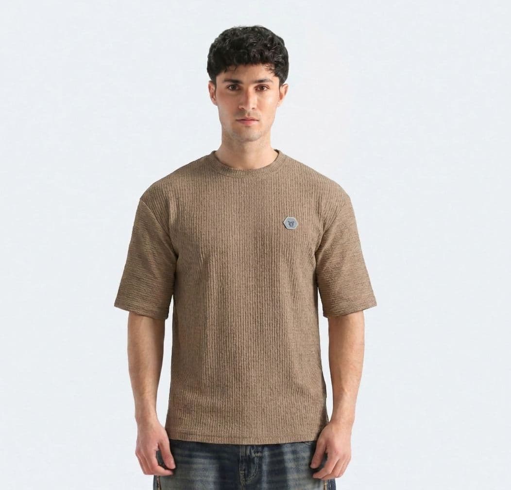 Men's Camel Brown Popcorn Textured Drop Shoulder T-Shirt – Imported Wrinkle-Free Oversized Tee