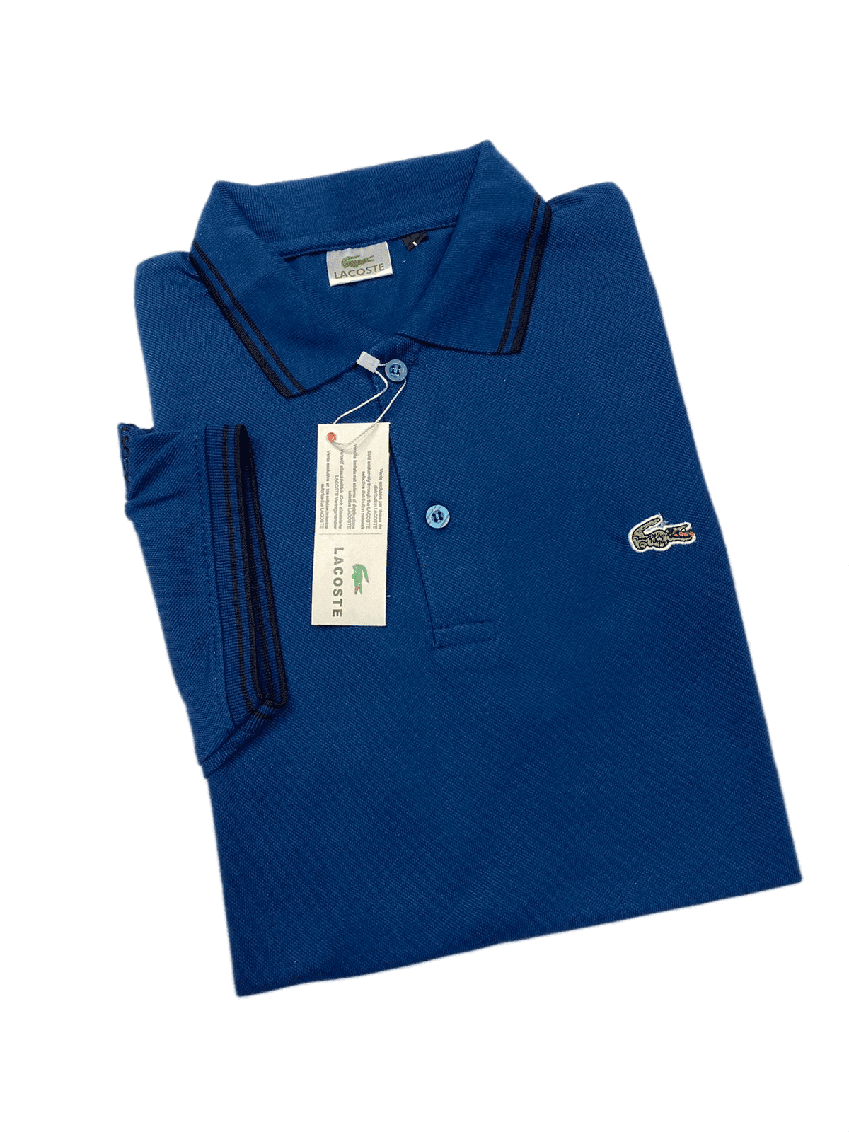 LACOSTE | 100 % IMPORTED | MEN'S POLO T SHIRT | TIPPING COLLER & SLEEVES | EMBROIDERED LOGO | BLUE