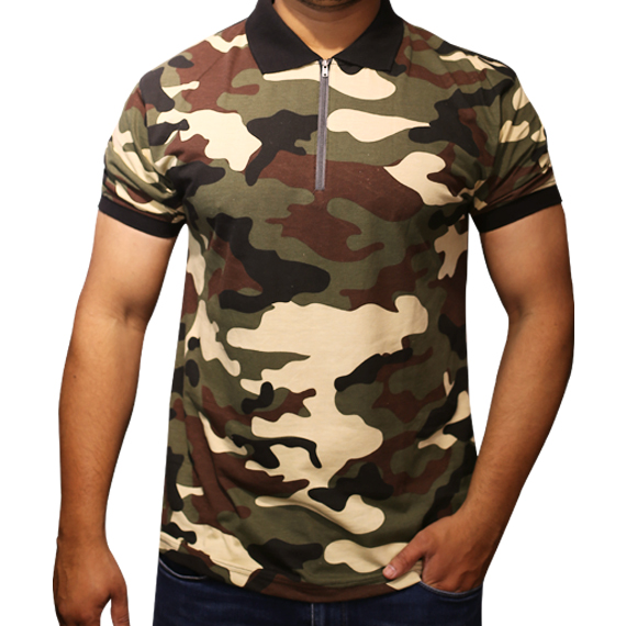 DINER'S - CAMOUFLAGED POLO TEE SHIRT WITH BLACK COLLER & SHOULDER BLACK RIB