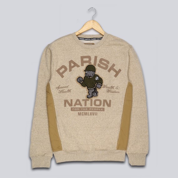 PARISH NATION | EXPORT QUALITY BRANDED | SWEATSHIRT | SIDE PANEL WITH FRONT POCKETS | LIGHT BROWN