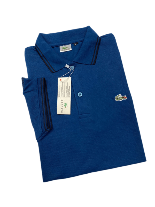 LACOSTE | 100 % IMPORTED | MEN'S POLO T SHIRT | TIPPING COLLER & SLEEVES | EMBROIDERED LOGO | BLUE