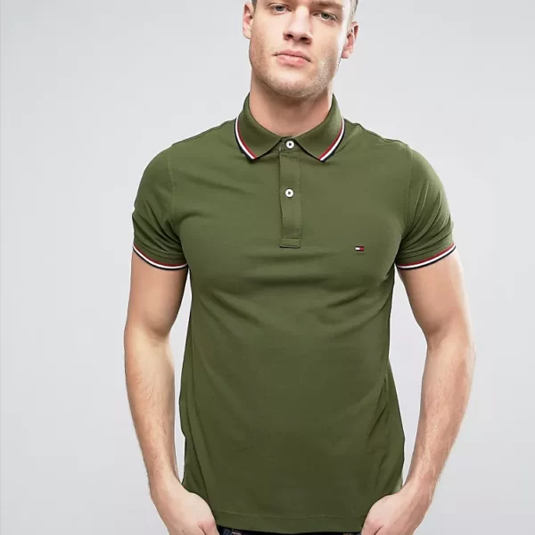 TOMMY HILFIGER | MENS POLO T-SHIRT | TIPPING ON COLLER & SELEEVES | EMBRAIDED LOGO ON CHEST | GREEN