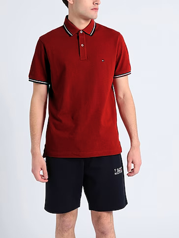 TOMMY HILFIGER | MENS POLO T-SHIRT | TIPPING ON COLLER & SELEEVES | EMBRAIDED LOGO ON CHEST | MAROON
