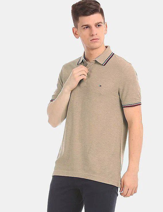 TOMMY HILFIGER | MENS POLO T-SHIRT | TIPPING ON COLLER & SELEEVES | EMBRAIDED LOGO ON CHEST | FONE