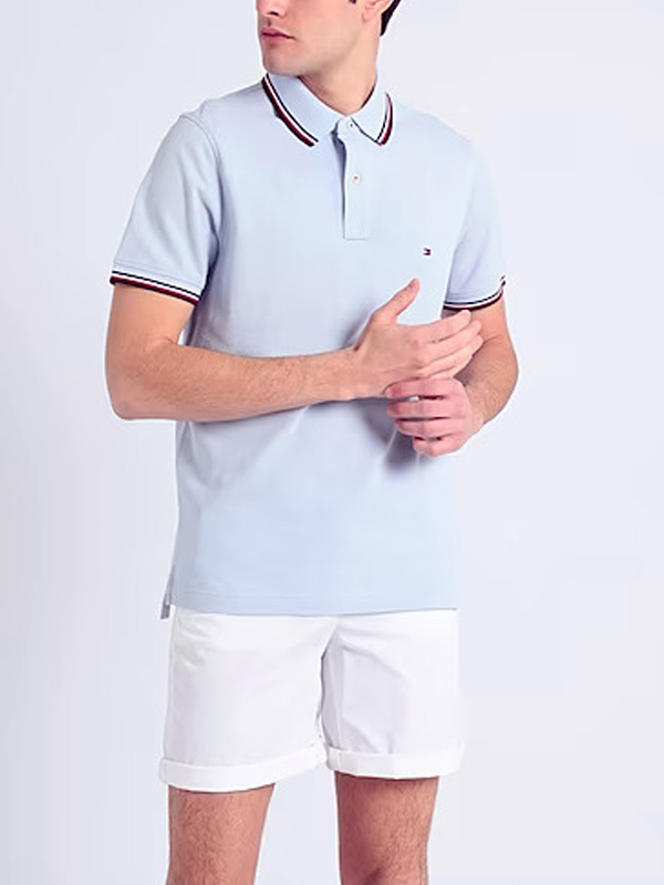 TOMMY HILFIGER | MENS POLO T-SHIRT | TIPPING ON COLLER & SELEEVES | EMBRAIDED LOGO ON CHEST | SKY BLUE