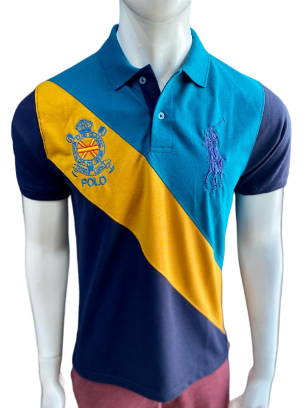 RALPH LAUREN | 100% IMPORTED POLO | CROSS PANEL STYLE | COTTON PK | EMBRAIDED BADGES ON FRONT & SHOULDER | NAVY BLUE