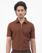 Zara | zip collar polo T-shit | cotton rib stuff | very light texture & soft | unique look | chocolate brown