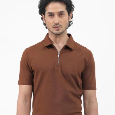 Zara | zip collar polo T-shit | cotton rib stuff | very light texture & soft | unique look | chocolate brown