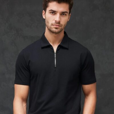 Zara | zip collar polo T-shit | cotton rib stuff | very light texture & soft | unique look | black