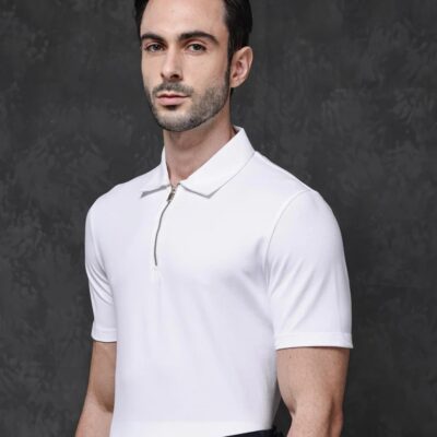 Zara | zip collar polo T-shit | cotton rib stuff | very light texture & soft | unique look | white